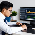 A focused professional student in modest business casual attire, seated at a modern study desk. The desk features a sleek laptop displaying financial charts and a digital tablet with e-textbooks, alongside neatly organized physical notes. The background is a softly lit, minimalist home office with a bookshelf, creating a calm and conducive learning environment. The subject is fully clothed, with perfect anatomy, correct proportions, natural pose, well-formed hands, and proper finger count, reflecting a dedicated, professional study approach. high-resolution, professional photography, soft studio lighting, sharp focus, safe for work, appropriate content, appropriate attire, family-friendly.